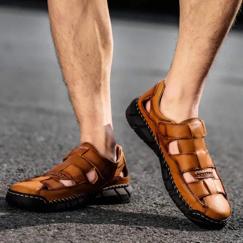 Vista 5 de Honeystore Sandalias huecas con puntera cerrada para hombre, talla grande, zapatos de cuero casuales
