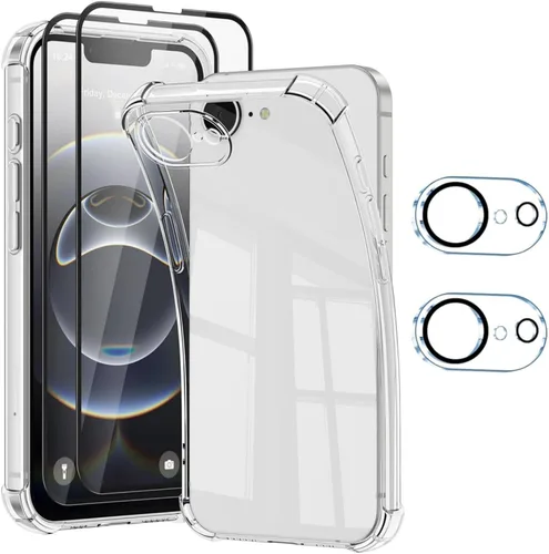 Vista 10 de Funda transparente 5 en 1 para iPhone 12, con 2 protectores de pantalla de vidrio templado HD de dureza 9H + 2 protectores de lente de cámara, funda