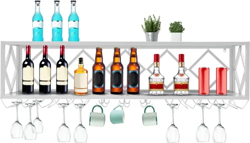 Vista 10 de Estante pesado para vino montado en la pared, soporte de doble capa para copas de vino de 59.06 pulgadas, estante colgante de metal industrial