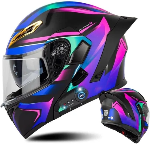 Vista 18 de AAREG - Casco de motocicleta con bluetooth, visera frontal abatible aprobada por DOT/ECE, viseras antivaho duales, para adultos, hombres, mujeres