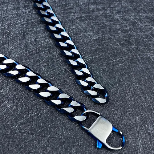Vista 48 de YAMI Cadena de eslabones cubanos para hombre, azul/negro/oro de 14 quilates, acero inoxidable de 0.394-0.472 in de grosor, collar de cadena