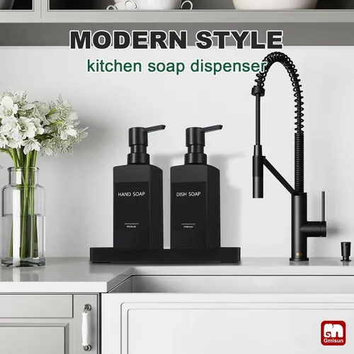 Vista 5 de GMISUN Juego de dispensador de jabón de cocina, dispensadores de jabón para manos y platos, dispensador de jabón negro de 12 fl oz/11.8 fl oz