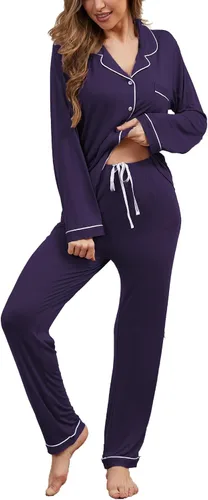 Vista 18 de Juego de pijama con botones para mujer, de manga larga, ropa de dormir suave, conjunto de ropa de descanso, tallas XS-XXL bean paste