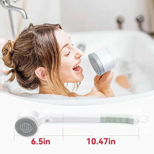 Vista 2 de Cepillo de ducha eléctrico con mango largo, cepillo de ducha recargable inalámbrico para limpieza de espalda y exfoliación, IPX7, resistente al