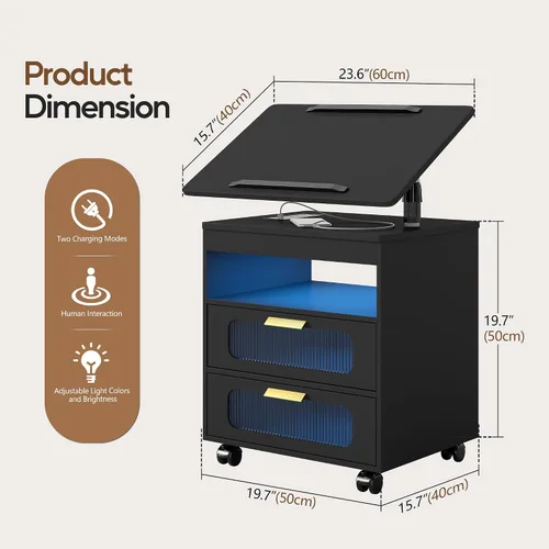 Vista 2 de Mesita de noche ajustable en altura con estación de carga, mesita de noche giratoria con luces LED, mesa auxiliar inteligente con sensor automático