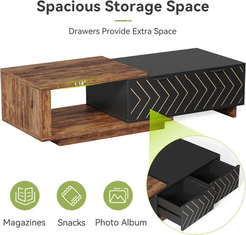 Vista 9 de LITTLE TREE Mesa auxiliar de madera expandible con 2 cajones, mesa central rectangular de granja que ahorra espacio, perfecta para sala de estar