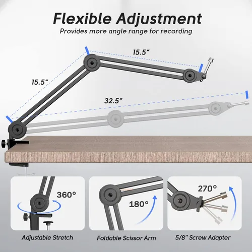 Vista 3 de FIFINE Soporte de brazo de micrófono, brazo de brazo resistente, soporte de micrófono ajustable de tijera de suspensión con soporte de escritorio