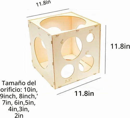 Vista 2 de Cubo de medición de globos de madera ensamblable de 9 agujeros, caja de medición de herramientas para fiestas, cumpleaños, decoraciones de boda
