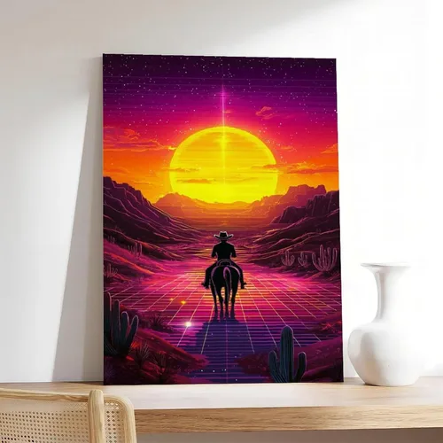 Vista 7 de Vaporwave Cowboy Poster – 80s Synthwave Wall Art, Surreal Western Room Decor Modern Wall Prints Abstract Geometric Minimalist Art Framed Canvas
