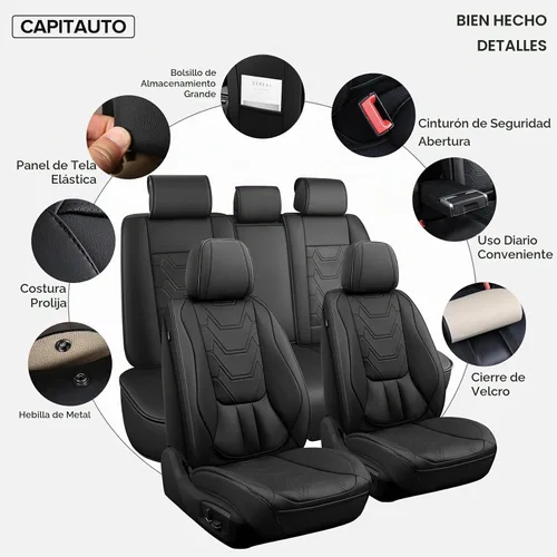 Vista 6 de CAPITAUTO Juego completo de fundas de asiento de automóvil, fundas de asiento negras para automóvil con soporte lumbar, fundas de asiento