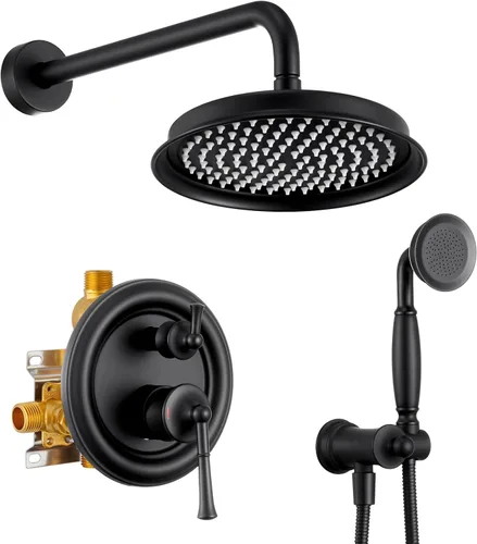 Vista 10 de Cabezal de ducha de lluvia con combo de mano, sistema de ducha dorado cepillado con válvula de presión de equilibrio, cabezal de ducha de 9 pulgadas