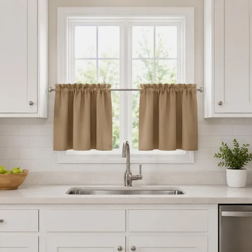 Vista 21 de Aquazolax Half Window Curtains 24 Inch Length, 28" Wide Rod Pocket Small Window Treatment for Kitchen, Bathroom, Camper, Beige, 2 Panels Set