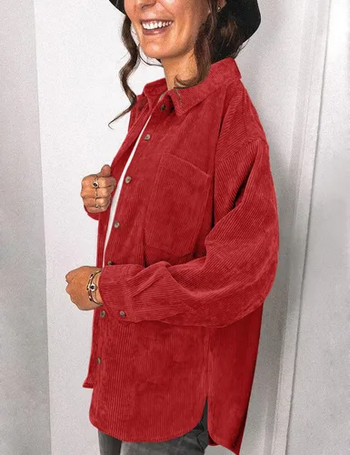Vista 4 de Saslax Camisa de pana para mujer, de manga larga, con botones, cuello en V, holgada, chaqueta