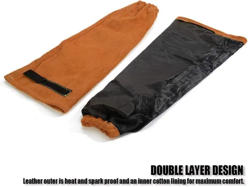 Vista 3 de Mangas de trabajo de soldadura de cuero para hombres y mujeres, protección de brazo resistente al calor y al fuego con costuras de Kevlar y forro