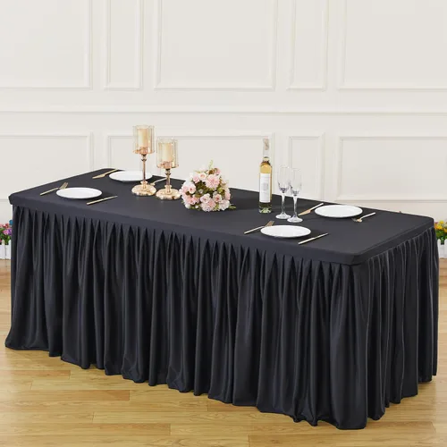 Vista 3 de Manteles de poliéster negro para mesas rectangulares de 4 pies, cubierta de mesa ajustada sin arrugas con falda de mesa plisada con volantes