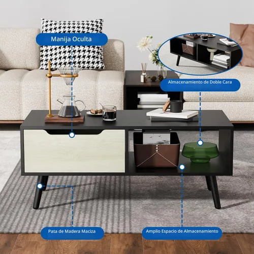 Vista 3 de Mesa de café moderna, mesa de cóctel de madera con almacenamiento, mesa minimalista para pasillo, mesa de café de mediados de siglo moderna