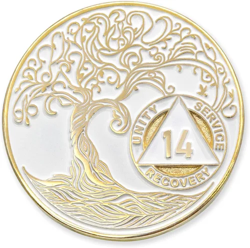 Vista 179 de 1 año Sobriety Mint Twisted Tree of Life Medallón de recuperación AA chapado en oro, chip/ficha - negro