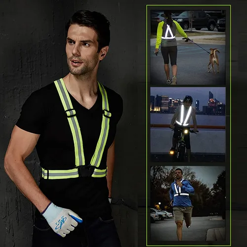 Vista 7 de Chaleco de seguridad reflectante, 2 piezas, chaleco de alta visibilidad, correas ajustables para correr, ciclismo, caminar, trabajadores Verde