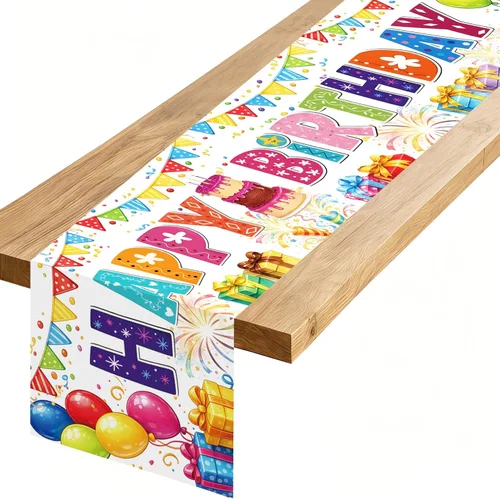 Vista 13 de Camino de mesa de feliz cumpleaños, negro, rojo, amarillo, ratón, tela de poliéster, decoración de mesa de comedor para decoración de fiesta