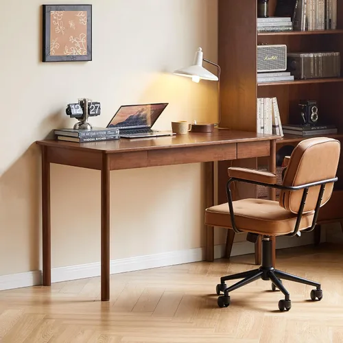 Vista 8 de Escritorio de madera maciza con acabado de nogal, escritorio pequeño para oficina en casa, escritorio de computadora para espacios pequeños