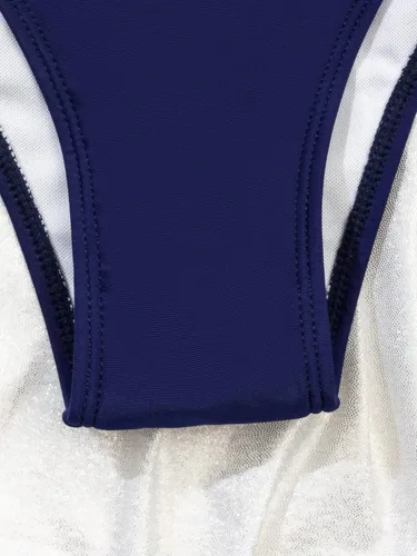 Vista 5 de MakeMeChic Trajes de baño de dos piezas para mujer, con bloque de color, cremallera frontal, cuello alto