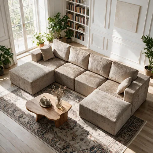Vista 17 de WUTUTUEE Sofá modular en forma de U de 115 pulgadas, sofá modular modular de 3 plazas con 2 otomanas móviles, sofá cama convertible de pana con Beige