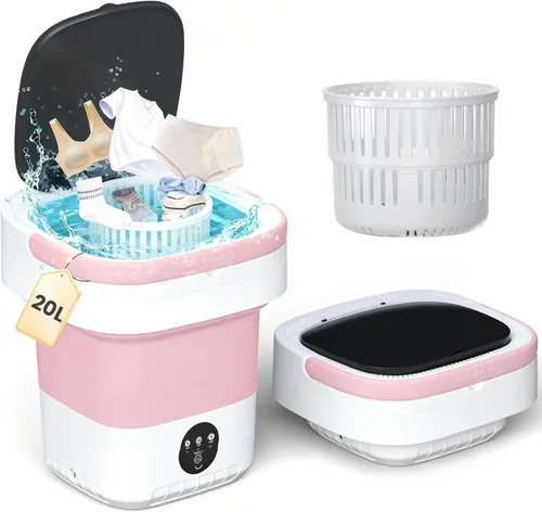 Vista 11 de Lavadora portátil de 20 litros, mini lavadora con cesta giratoria, 3 modos de limpieza y lavado profundo para ropa pequeña, lavandería plegable