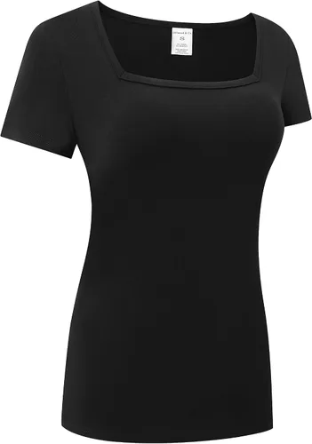 Vista 3 de OThread & Co. Camiseta de manga corta para mujer, cómoda, cuello cuadrado, capa elástica básica