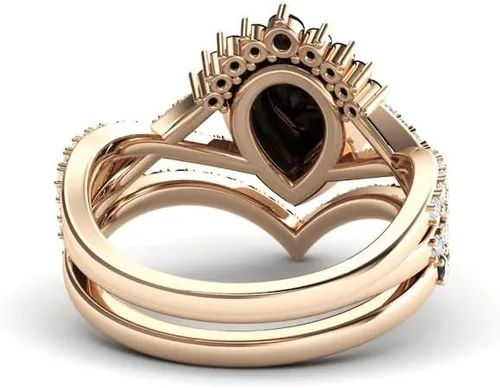 Vista 8 de Anillo de compromiso de ónix negro en forma de pera, halo de oro rosa, único juego de anillos de compromiso de piedra negra para mujer, anillo