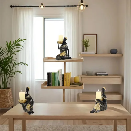 Vista 6 de Lescafita Juego de 3 Portavelas de Dama Africana – Figuras de Resina con Cuencos Dorados para Velas de Té o Velas de Pilar Pequeñas – Estatuas