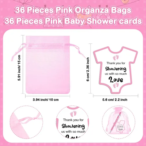 Vista 3 de Colarr Juego de 36 recuerdos de baby shower: bolígrafos rosados con tarjetas y bolsas de organza para invitados regalo y fiesta de revelación