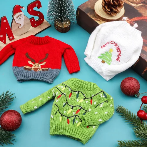 Vista 4 de Aoriher 3 piezas de ropa de muñeca de Navidad, accesorios de Navidad, conjunto de suéter pequeño, ropa de punto, alce, Navidad, árbol de Papá Noel