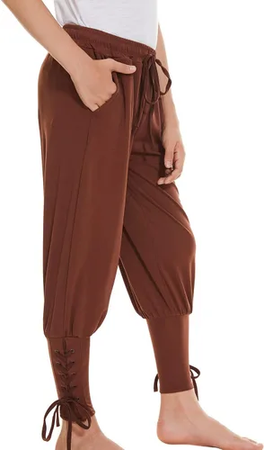Vista 9 de WISHU Pantalones Piratas Medievales con Bandas de Tobillo para Niños, Disfraz de Pirata Vikingo Renacentista para Niños, Pantalones a Rayas
