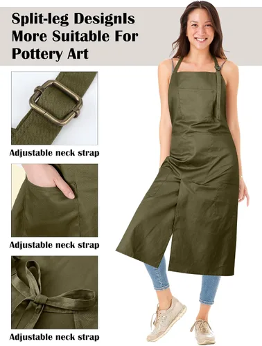 Vista 4 de 2 delantales de cerámica ajustables con pierna dividida, delantal de cerámica con 3 bolsillos, para mujeres y hombres, rueda de cerámica para beige