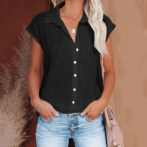 Vista 12 de Ceboyel Camisas para mujer de moda de verano, algodón, lino, manga corta, cuello con botones, blusa casual para mujer 2023