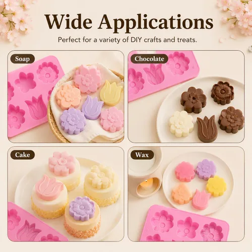 Vista 7 de 6-Cavity Floral Silicone Mold 2-Pack – Flexible DIY Soap, Chocolate, Wax & Resin Mold for Handmade Crafts – Purple & Blue, Non-Stick & Heat Resistant