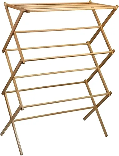 Vista 8 de Estante de secado plegable de bambú – Soporte de secado de ropa plegable para uso en interiores y exteriores – Perchero de ropa que ahorra espacio