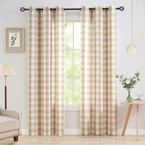 Vista 18 de Jubilantex Paneles de Cortina Semitransparentes a Cuadros Buffalo Blanco y Negro, Cortinas Texturizadas a Cuadros Gingham, Cortinaje, Cortinas
