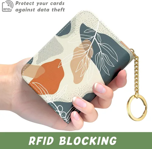 Vista 4 de Soporte para tarjetas de crédito para mujer pequeña cartera RFID de cuero delgado organizador de tarjetas de visita con cremallera y llavero Hoja