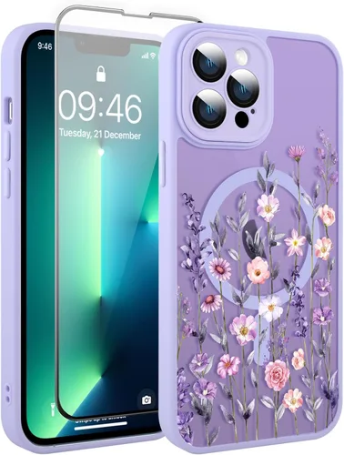 Vista 120 de Magnético para iPhone 13 con protector de pantalla [Compatible con MagSafe] Diseño de patrón floral de flores bonitas, funda delgada a prueba