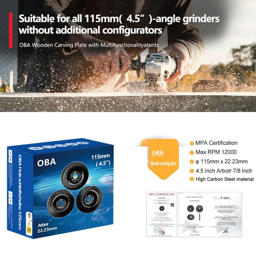 Vista 2 de OBA Juego de discos de tallado de madera, 3 piezas, 4-1/2 pulgadas, juegos de muelas de madera con eje de 5/8 pulgadas para amoladora angular