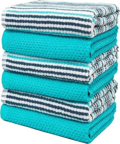 Vista 5 de Toallas de cocina de 16 x 26 pulgadas, paquete de 6 toallas de mano grandes de algodón, paños de cocina, diseño de rayas de palomitas de maíz, juego
