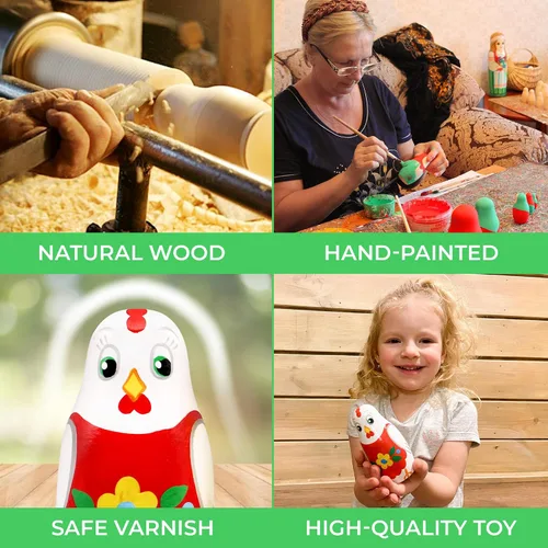 Vista 4 de AEVVV Juego de 5 muñecas de anidación de pollo - Decoración de cocina de pollo - Muñecas apilables de madera - Muñeca Matryoshka pintada a mano rusa