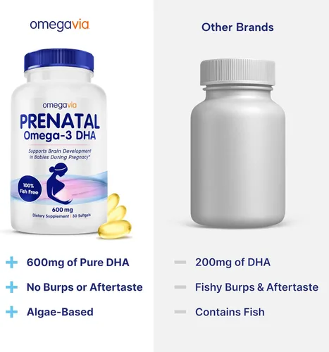 Vista 7 de OmegaVia Prenatal DHA 600mg Suplemento de Omega-3 sin pescado Apoya el desarrollo del cerebro, ojos y sistema nervioso del bebé Seguro