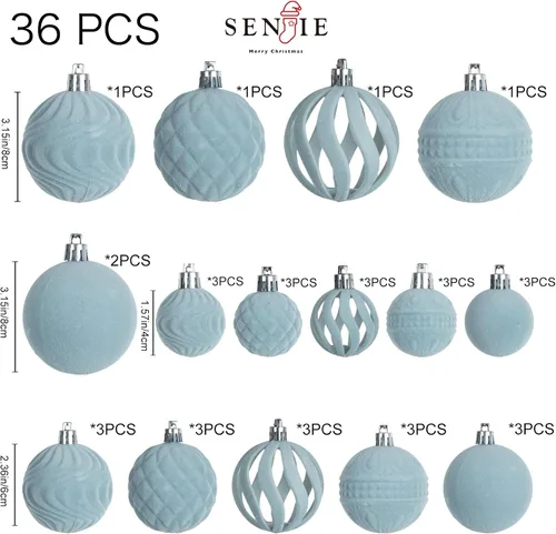 Vista 4 de 36 adornos de terciopelo para árbol de Navidad, juego de adornos de Navidad Azul polvo