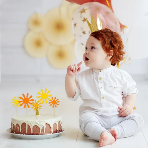 Vista 6 de Whaline 48 piezas Boho Sun Cupcake Toppers 2 tamaños Sun Paper Decoración de pastel con punto de pegamento amarillo naranja mesa mesa centro de mesa