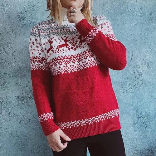 Vista 2 de Womens Christmas Sweater Trendy Reindeer Knitted Tops Basic Lightweight Turtleneck Pullover Printed Ladies Fall Clothes
