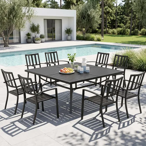 Vista 15 de MFSTUDIO Juego de comedor al aire libre para 8, juego de mesa y sillas de metal para patio, juego de muebles de patio de 9 piezas, juego de comedor