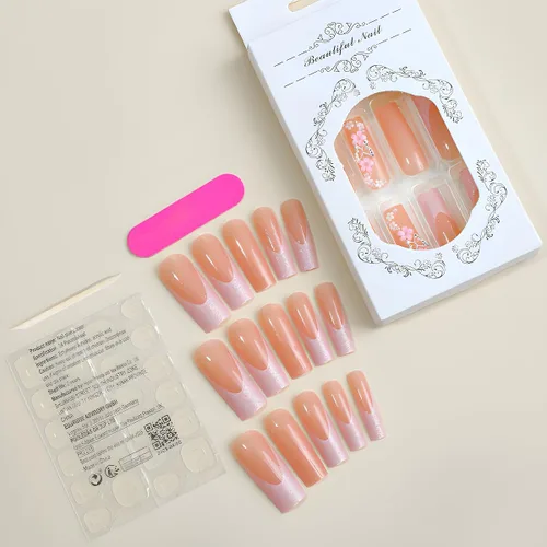 Vista 4 de Uñas postizas a presión de mariposa, uñas postizas largas de punta francesa con diseño de ataúd rosa, diamantes de imitación de flores, pegamento