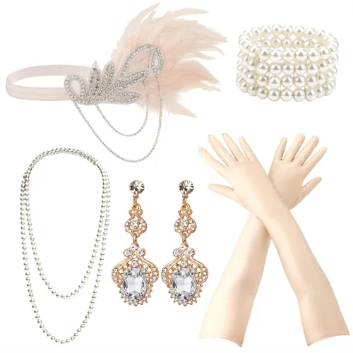 Vista 13 de DRESHOW Juego de accesorios del Gran Gatsby de los años 20 para mujer, accesorios de disfraz de flapper, diadema de plumas, juego de accesorios de 1